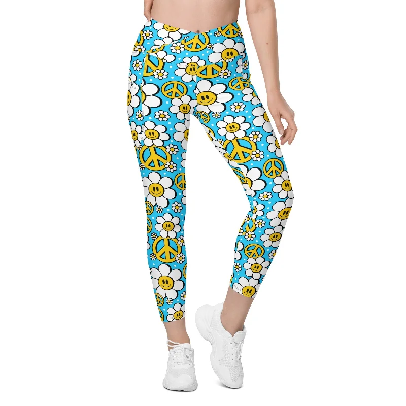 Hippie Flower Pattern Crossover Leggings With Pockets