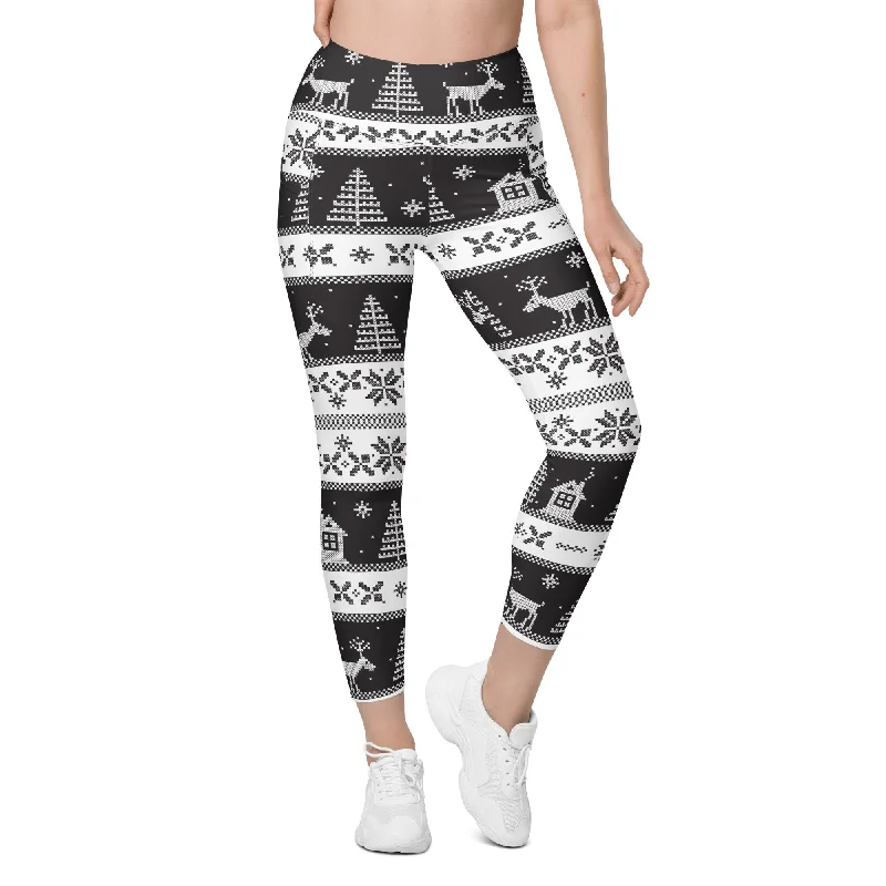 Vintage Black & White Christmas Leggings With Pockets