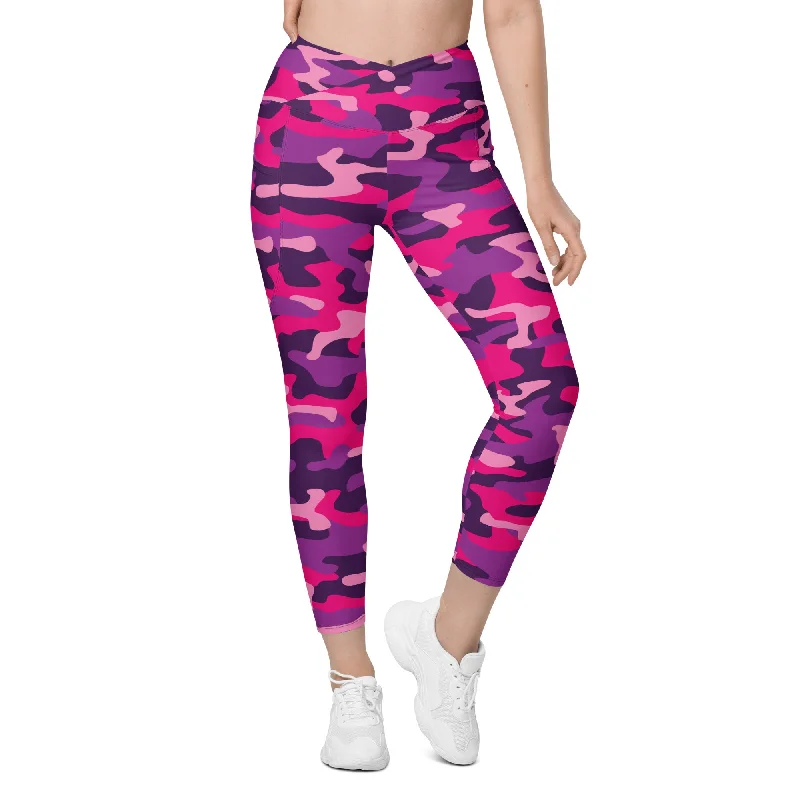 Pink & Purple Camo Crossover Leggings With Pockets