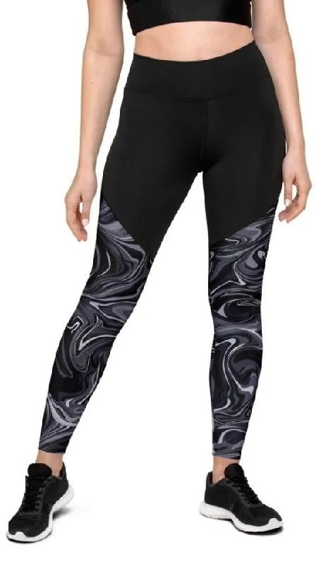 Dark Monochrome Marble Compression Leggings