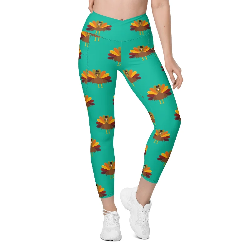 Thanksgiving Turkey Print Crossover Leggings With Pockets