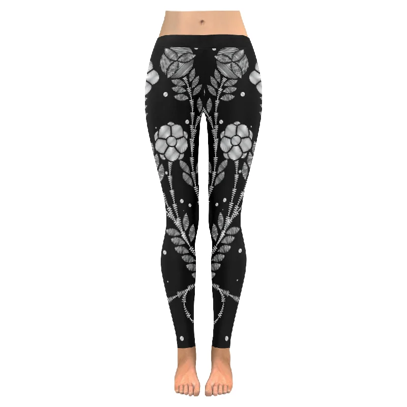 Black and white flower Women's Low Rise Leggings (Invisible Stitch)