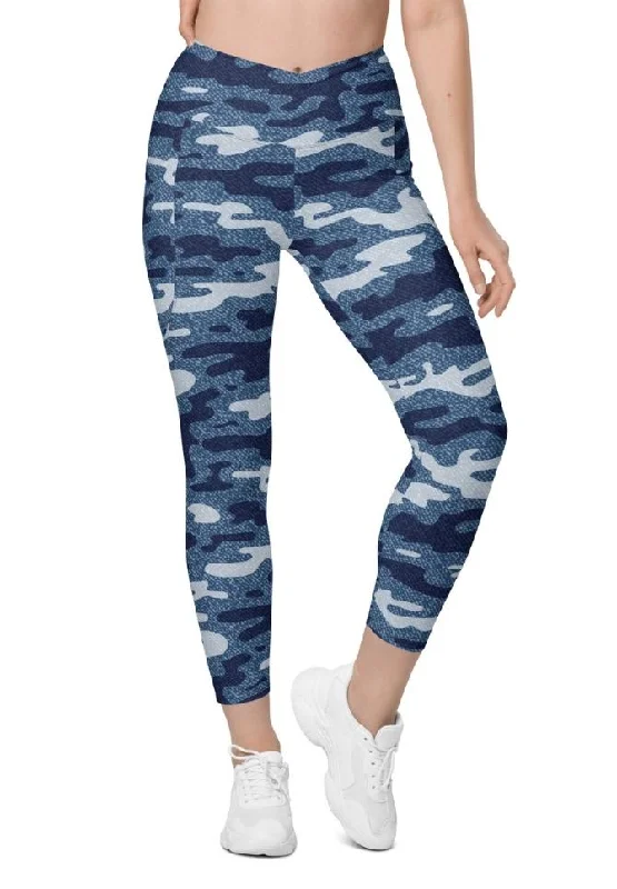 Denim Camo Print Crossover Leggings With Pockets