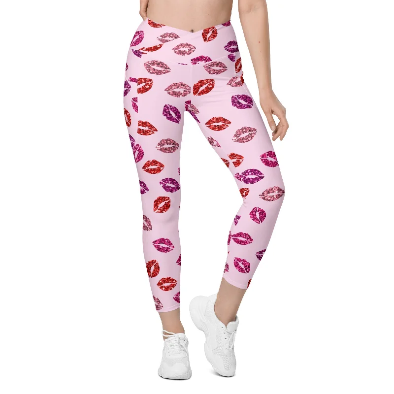 Glitter Print Kisses Crossover Leggings With Pockets