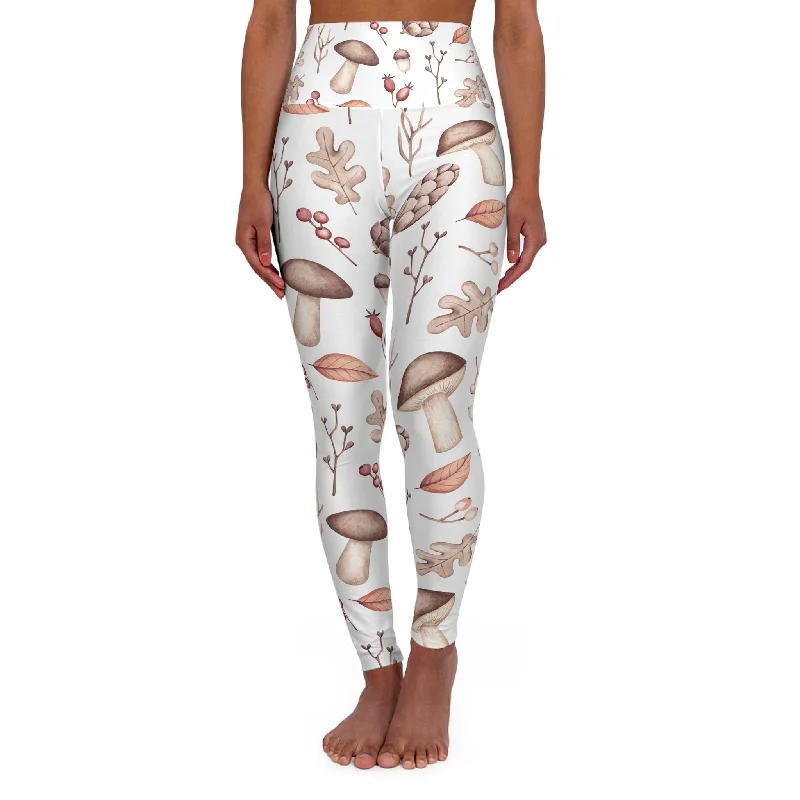 High Waisted Yoga Leggings, Mushroom and Acorn