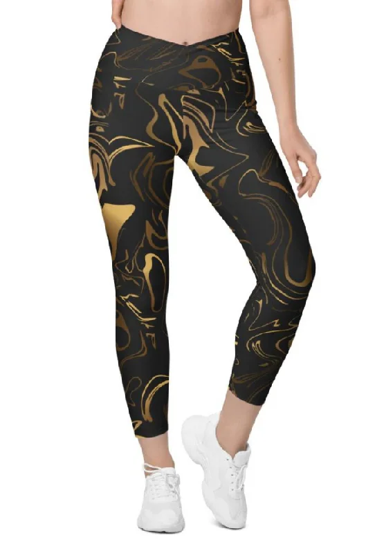 Black & Gold Crossover Leggings With Pockets