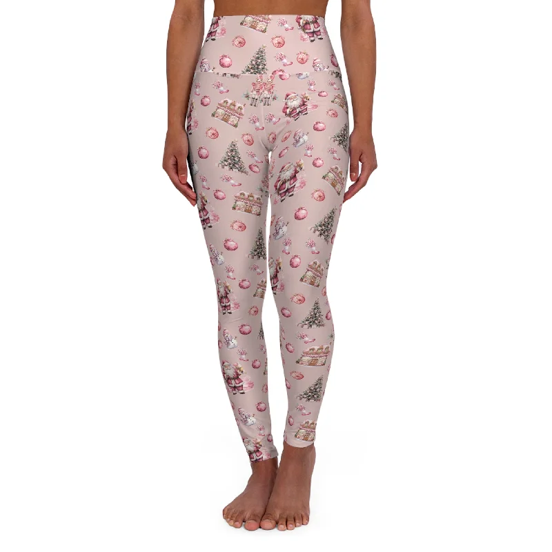 High Waisted Yoga Leggings, Pink Christmas