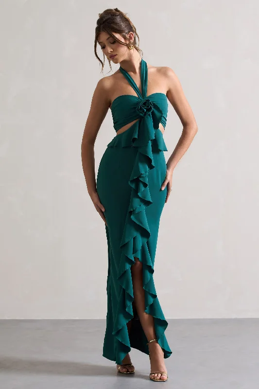 Price Cut Powerful | Petrol Blue Cut-Out Halter-Neck Maxi Dress With Flower & Ruffles