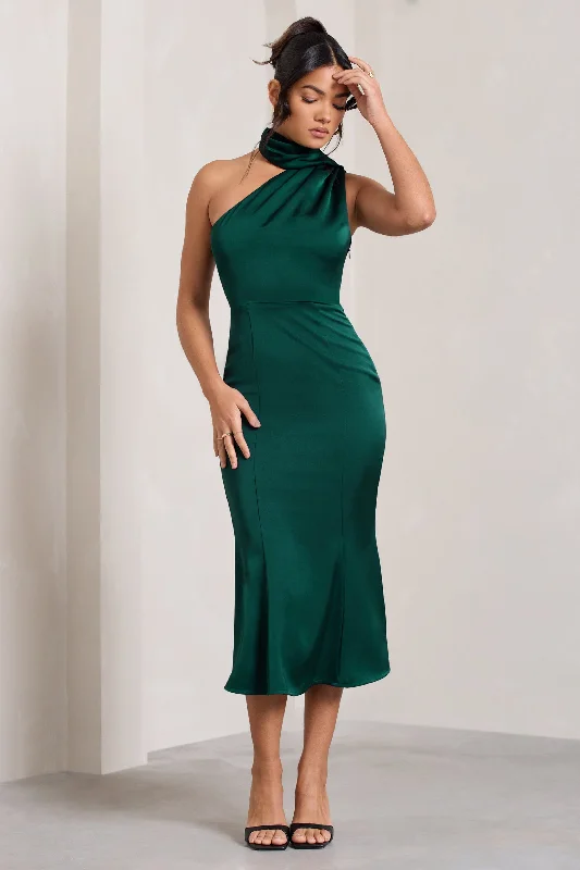 Savings Galore Golden Girl | Bottle Green Satin One Shoulder High-Neck Flared Midi Dress