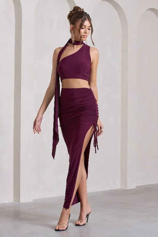 Year-End Sale In The Air | Plum Ruched Asymmetric High-Waisted Maxi Skirt