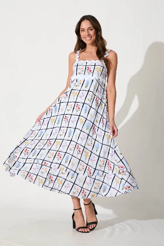 Shop and Save Aquila Maxi Sundress In Multi Print With White Ric Rac Trim