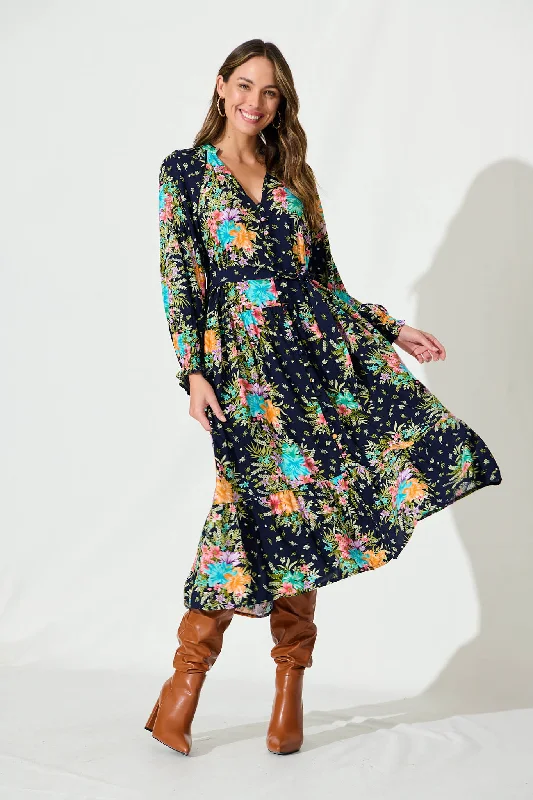 Clearance Sale Frangipane Midi Dress In Navy With Multi Tropical Print
