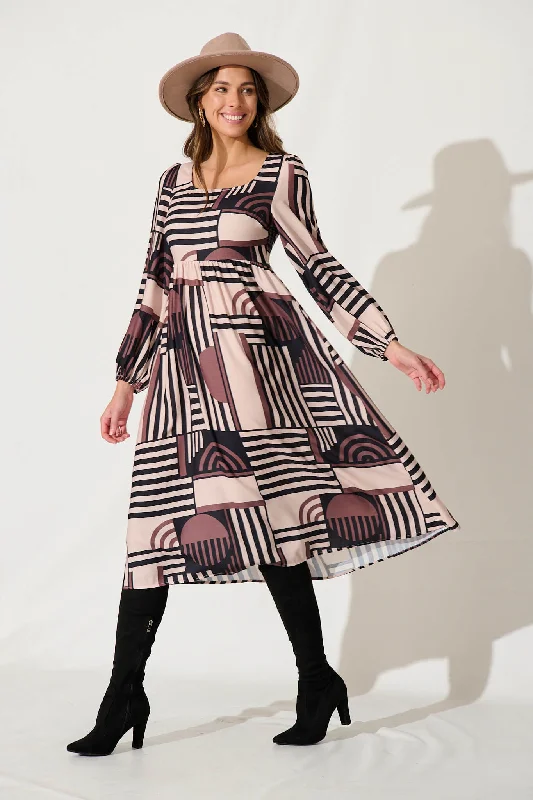 Value Deals Anna Midi Dress In Beige With Black Geometric Linen Blend