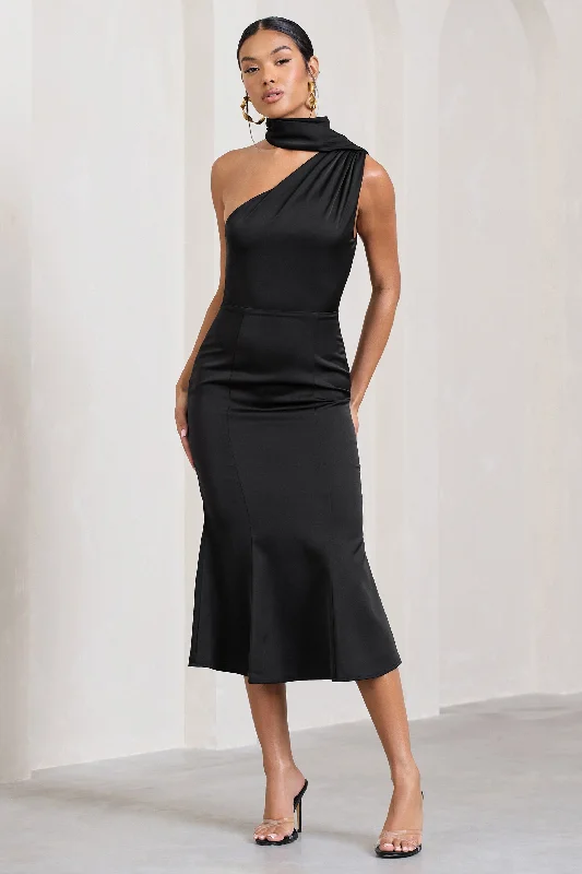 Steals and Deals Golden Girl | Black Satin One Shoulder High-Neck Flared Midi Dress