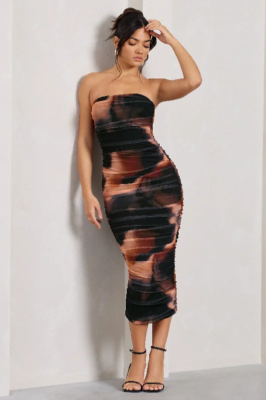 Take Advantage My Girl | Orange Smoke Print Strapless Bodycon Ruched Mesh Midi Dress