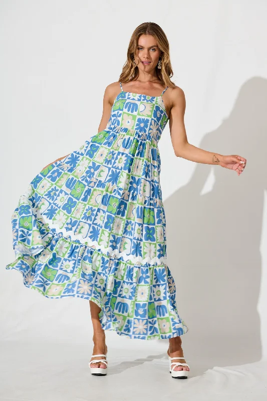 Quick Sale Love And Roses Maxi Sundress In Blue Multi With Ric Rac Trim
