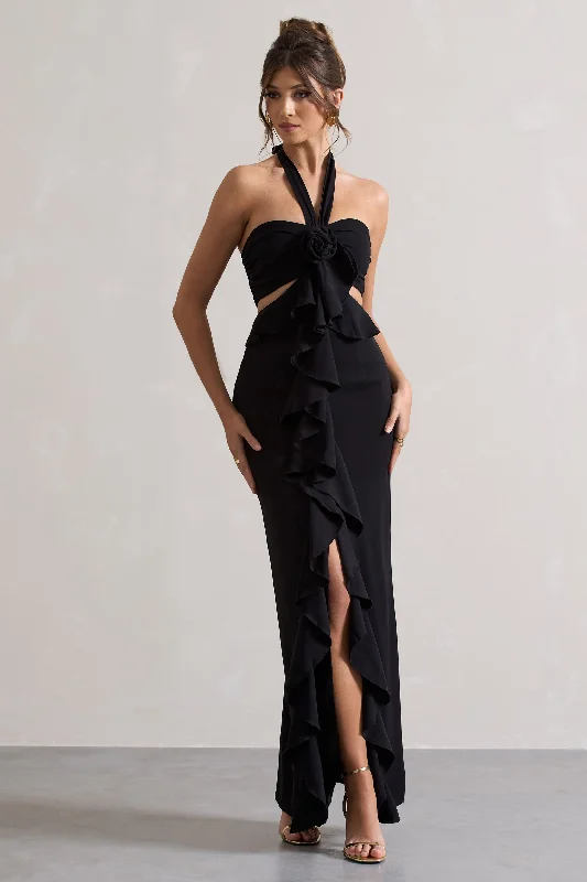Price Rollback Powerful | Black Cut-Out Halter-Neck Maxi Dress With Flower & Ruffles