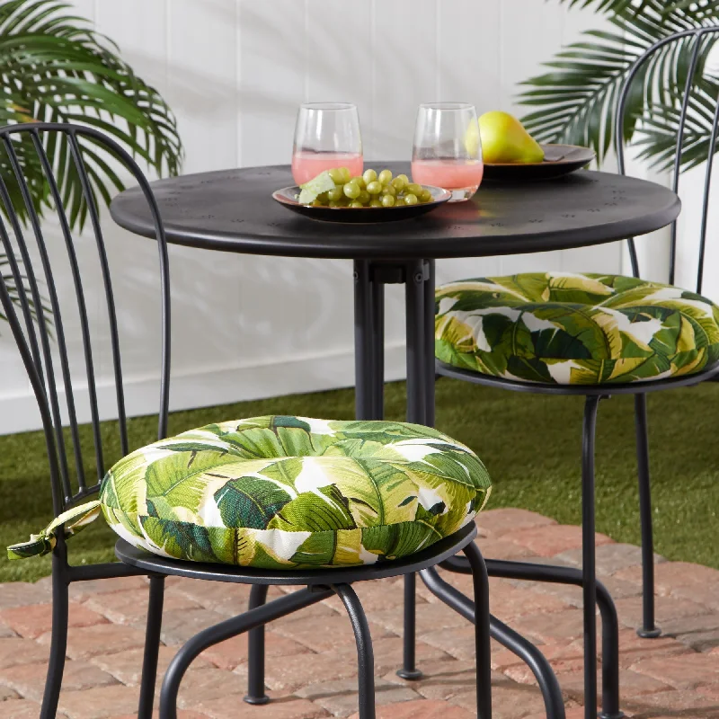 15-inch Round Palm Leaves White Outdoor Bistro Chair Cushion (Set of 2)