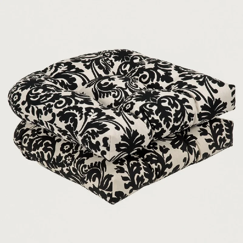 Pillow Perfect Outdoor Black/ Beige Damask Seat Cushions (Set of 2) - 19x19x5