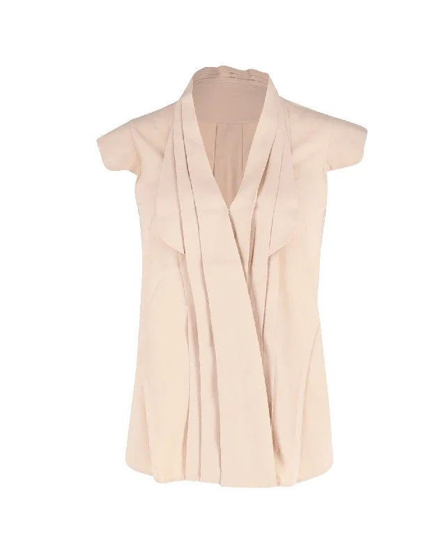 Alexander McQueen Pleated Cap-Sleeve Top in Peach Silk