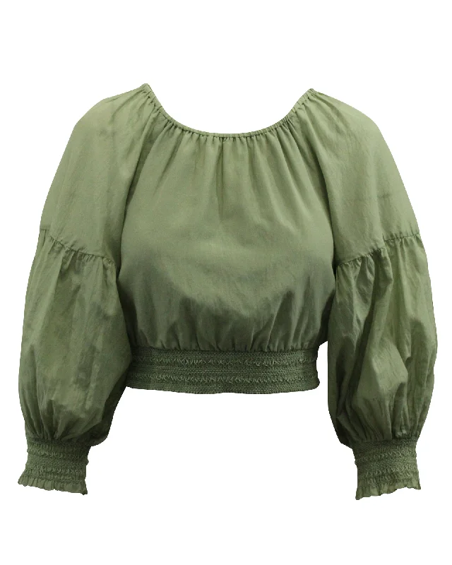 Alice + Olivia Azalea Off-The-Shoulder Peasant Blouse in Green Cotton