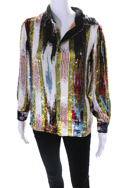 Ashish Womens Sequin Ikat Stripe Shirt Poppy Multicolor