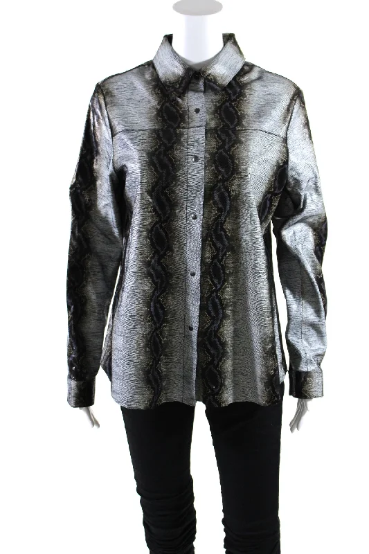 Blu Ice Womens Leather Snakeskin Print Button Down Blouse Gray