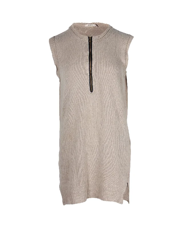 Celine Half Zip Sleeveless Knit Top in Beige Linen