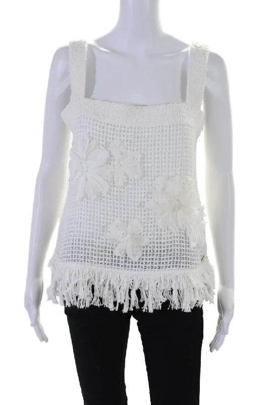 Chanel Womens Floral Applique Open Knit Tank Top White Cotton