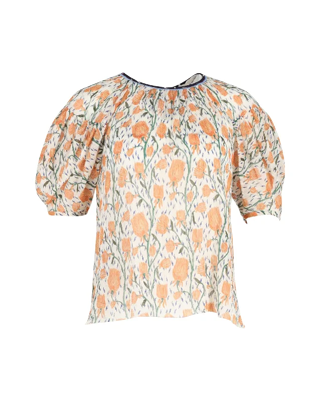 Chloe Floral-Print Puff-Sleeve Top in Orange Silk