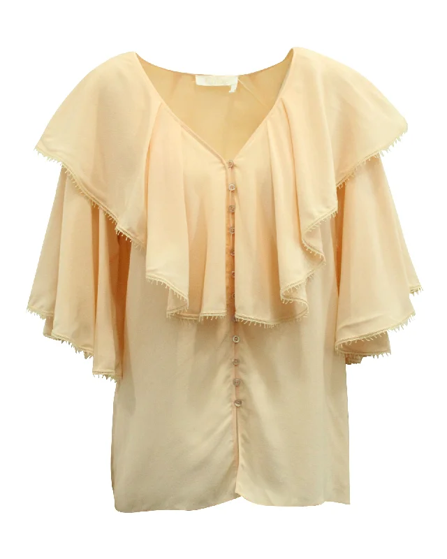 Chloé Ruffled Button Front Top in Pink Silk