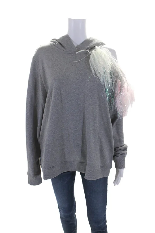 Christopher Kane Womens Cotton Hooded Ostrich Feather Trim Hoodie Gray