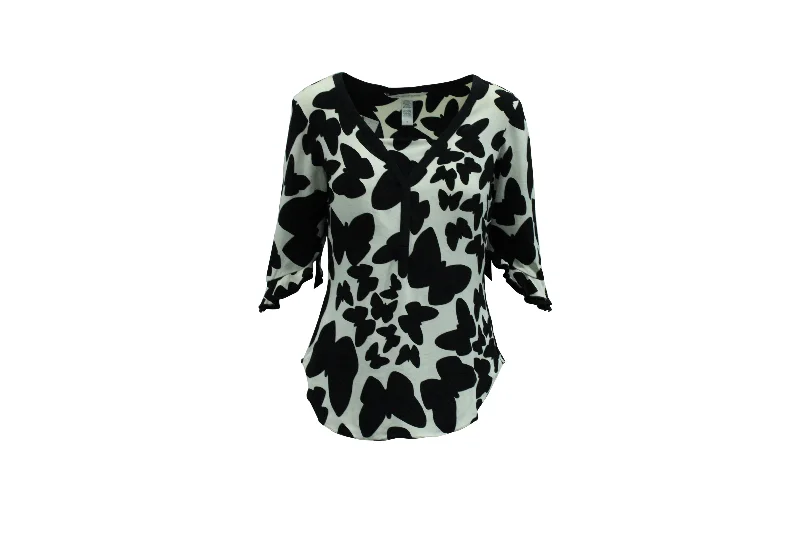 Diane Von Furstenberg Retta Butterfly Print Blouse in Black and White Silk