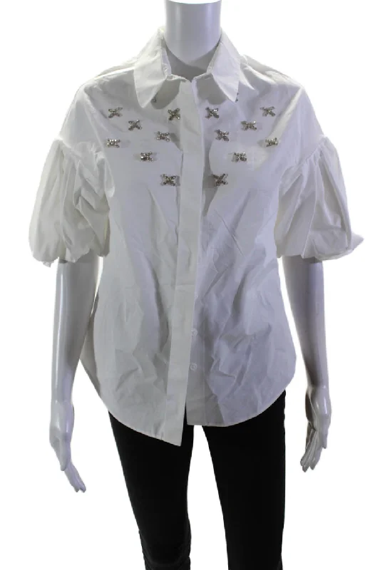 Dice Kayek Womens Cotton Crystal X Half Sleeve Button Down Shirt White