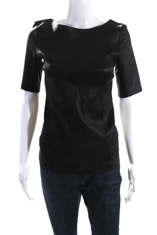 DROMe Women's Round Neck Short Sleeves Unlined Leather Blouse Black