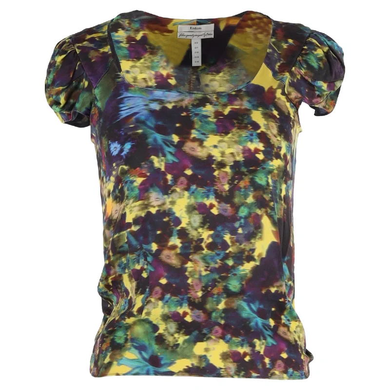 Erdem Short Sleeve Printed Top in Multicolour Silk