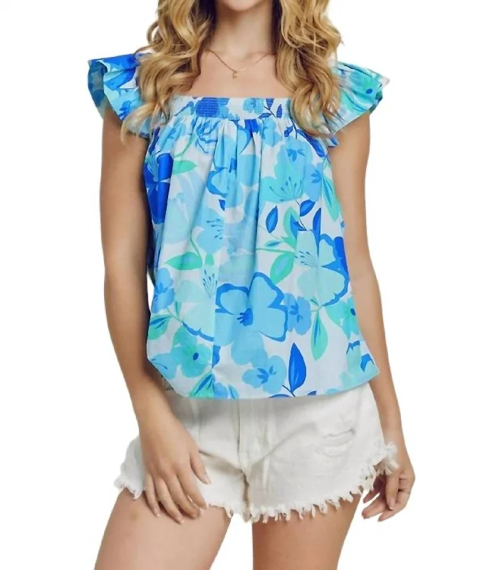 Floral Printed Woven Baby Doll Blouse In Blue Multi