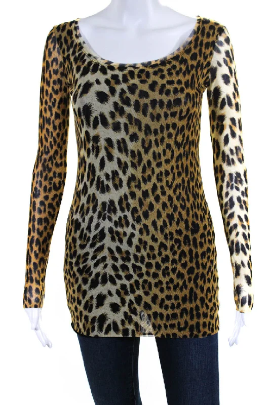 Fuzzi Womens Mesh Leopard Print Slim Fit Blouse Brown