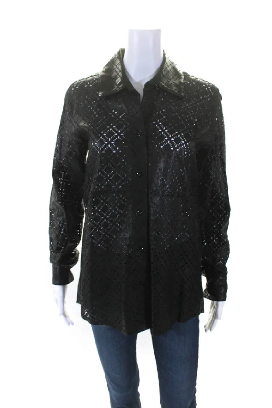 In Transit Womens Laser Cut Leather Button Up Shirt Blouse Black