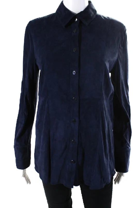 In Transit Womens Long Sleeve Suede Button Up Shirt Blouse Navy Blue