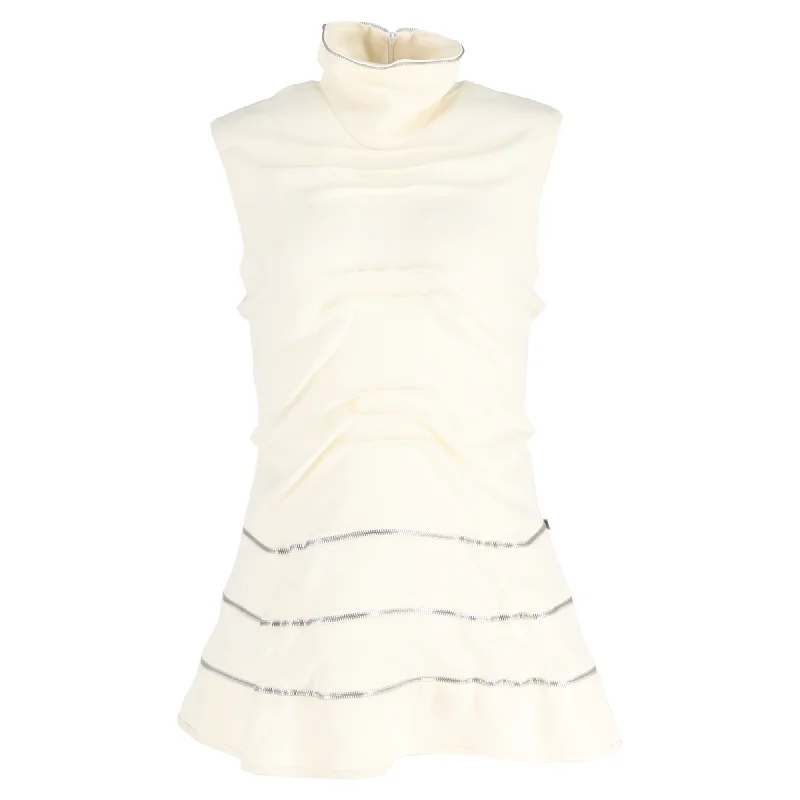 JW Anderson Turtle Neck Ruched and Zipper Detailed Sleeveless Top in Cream Cotton