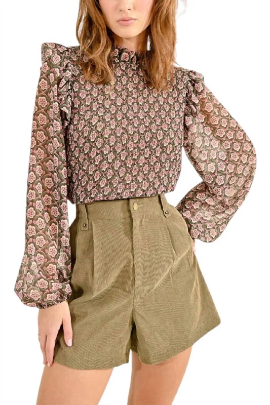 Long Sleeve Print Blouse Top In Khaki Lizzie