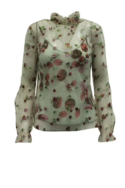 Luisa Beccaria Floral Embroidered Mesh Blouse in Multicolor Polyester