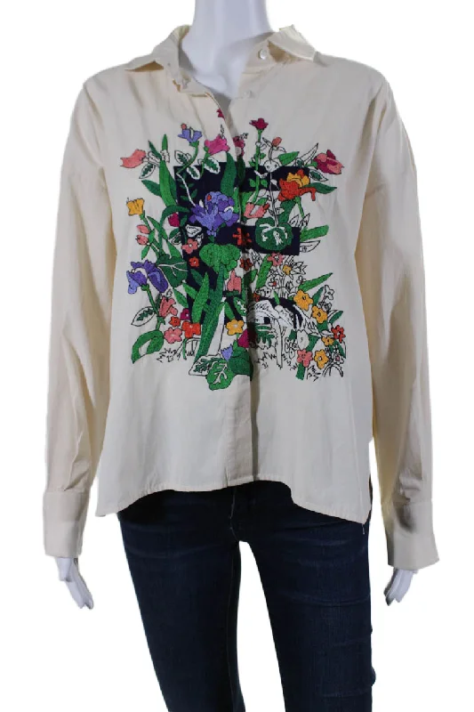 Mii Womens Beige Cotton Floral Hand Embroidered Button Down Shirt