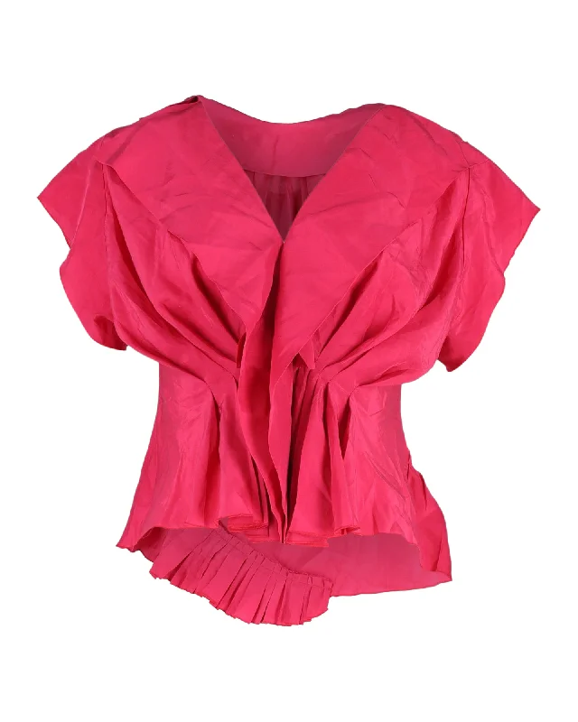 Nina Ricci Pleated V-neck Top in Pink Silk