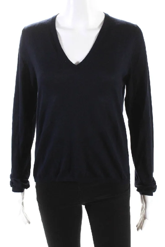 Nobili Womens Long Sleeve Giulia V Neck Tee Shirt Navy Blue Cashmere