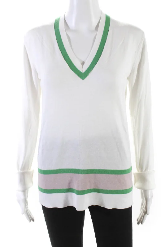 Nobili Womens Striped Trim Jane Long Sleeve V Neck Shirt White Green