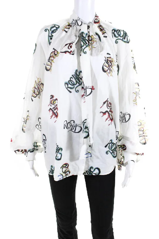 Rochas Womens Collared Tie Neck Abstract Logo Blouse Top White