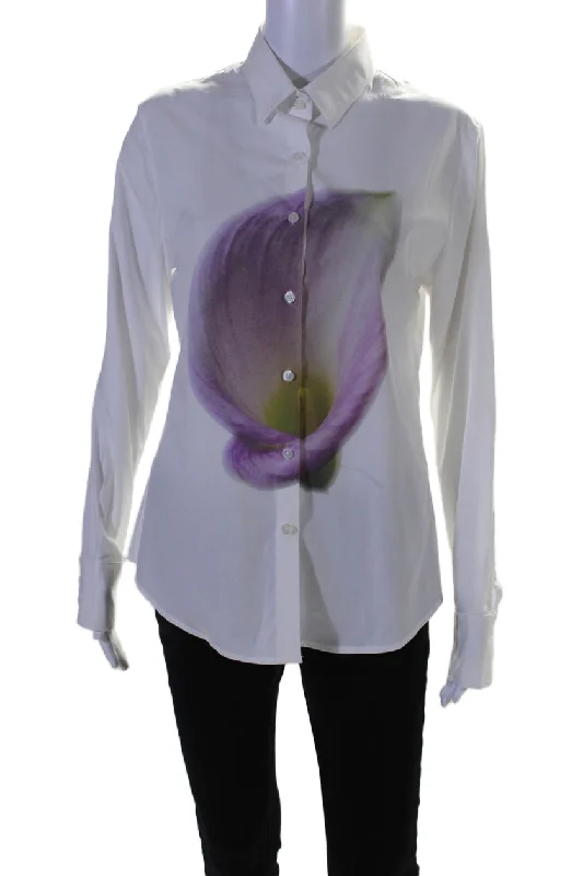 Rose Verdi Womens Cotton White Calla Rose Long Sleeve Button Down Shirt