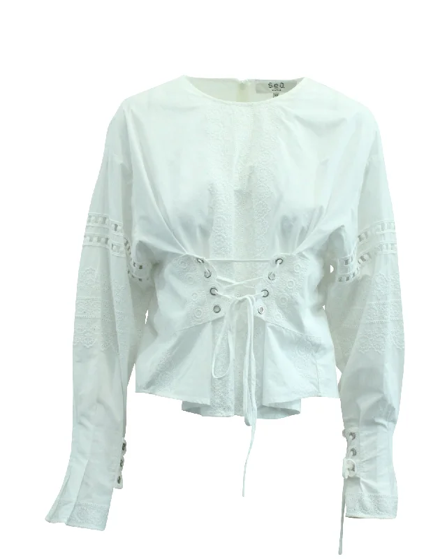 Sea New York Long Sleeve Eyelet Lace Up Blouse in White Cotton